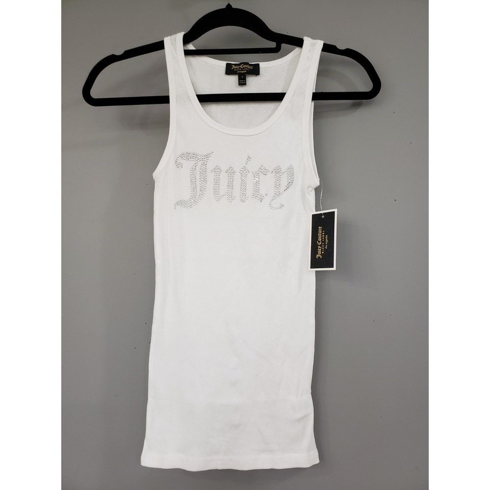 NEW SMALL Juicy Couture Tank Top Gothic Crystal Logo Ribbed White Beater - Picture 7 of 7